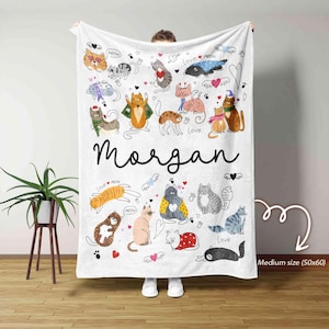 May include: White fleece blanket with a colorful illustration of cats and the word "love" repeated throughout. The blanket also features the name "Morgan" in black cursive writing. The blanket is medium size (50x60 inches).