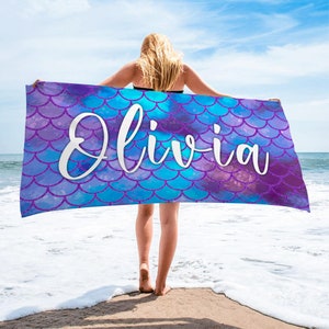 Mermaid Beach Towels, Personalized Beach Towels, Custom Beach Towels, Striped Beach Towel