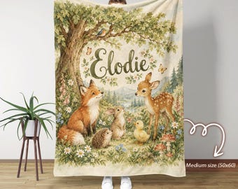 Personalized Woodland Baby Blanket, Custom Name Forest Animals Blanket, Fox Deer Bunny Nursery Throw, Woodland Baby Shower Gift