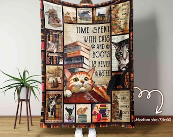 Tijd doorgebracht met katten en boeken is nooit verspild Deken, boekendeken, deken voor boekenliefhebber, cadeau voor lezende minnaar, deken voor lezer