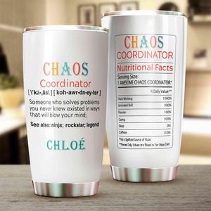 Chaos Coordinator Tumbler With Name, Funny Problem Solver Gift Mug For Women, Coworker Gift Mug, Teacher Appreciation Tumbler