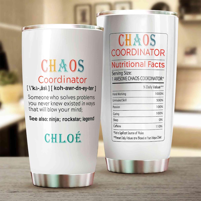 Chaos Coordinator Tumbler With Name, Funny Problem Solver Gift Mug For Women, Coworker Gift Mug, Teacher Appreciation Tumbler