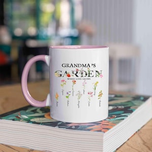 Caneca de flor de nascimento personalizada, caneca de jardim para avó, caneca de flor do mês de nascimento, xícara de café de jardim de avós personalizada com nome, presente de dia das mães