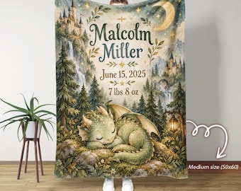 Personalized Baby Dragon Blanket, Custom Baby Name Blanket, Magical Dragon Nursery Gift, Enchanted Forest Blanket, Dragon Baby Shower Gift