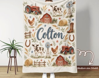 Personalized Farm Blanket, Custom Name Baby Blanket, Farm Animal Throw Blanket, Rustic Farmhouse Nursery Decor, Tractor Blanket