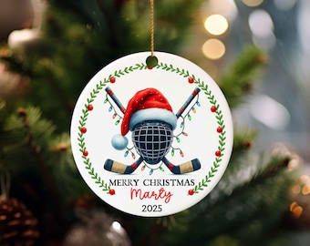 Personalized Hockey Christmas Ornament, Custom Name Hockey Player Gift, Santa Hat Hockey Mask Ornament, Holiday Sports Keepsake for Him