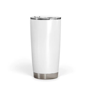 May include: A white insulated tumbler with a silver-colored base and a clear lid. The tumbler is cylindrical and appears to be made of stainless steel. The design is simple and modern, suitable for hot or cold beverages.