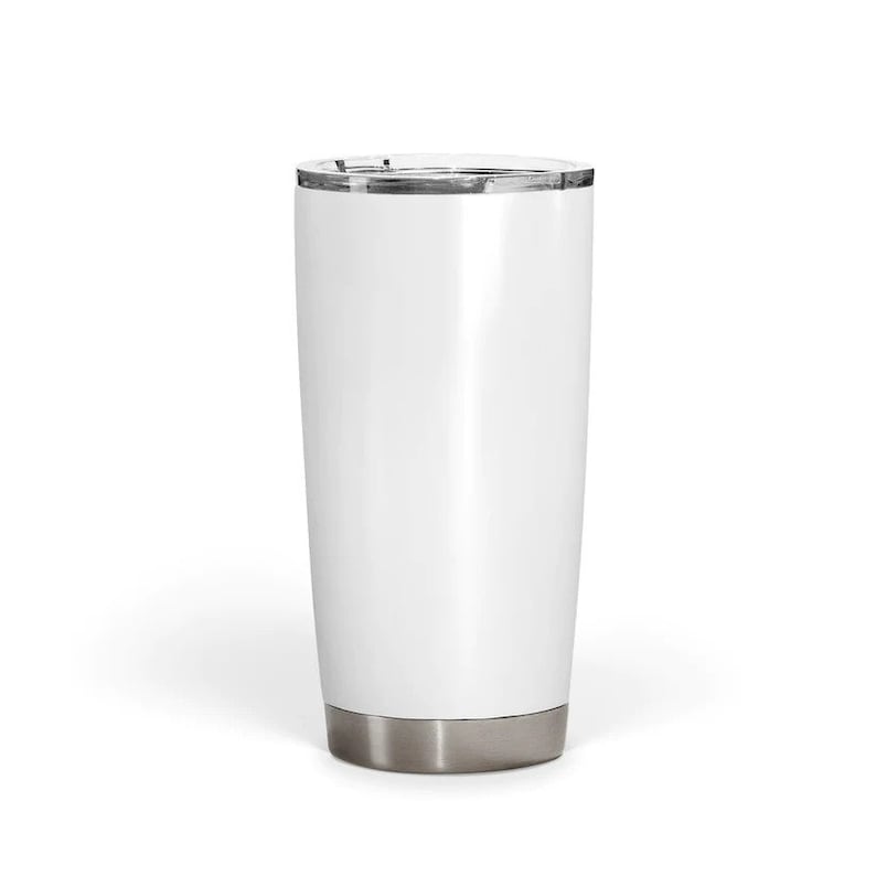 May include: A white insulated tumbler with a silver-colored base and a clear lid. The tumbler is cylindrical and appears to be made of stainless steel. The design is simple and modern, suitable for hot or cold beverages.