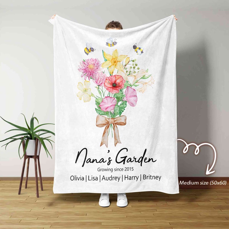 Grandma's Garden Blanket | Personalized Birth Flower Blanket with Kids' Names | Mother's Day Gift