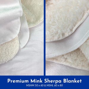 May include: Close-up of a white and cream-colored blanket with a soft, plush texture. The blanket is made of mink and sherpa materials. The text "Premium Mink Sherpa Blanket" is displayed at the bottom of the image. The blanket measures 50 x 60 inches and 60 x 80 inches.