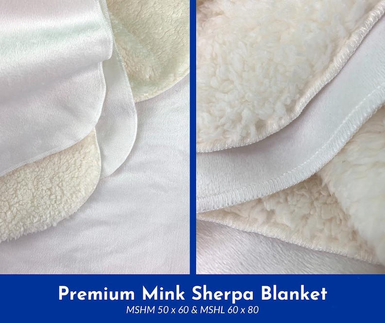 May include: Close-up of a white and cream-colored blanket with a soft, plush texture. The blanket is made of mink and sherpa materials. The text "Premium Mink Sherpa Blanket" is displayed at the bottom of the image. The blanket measures 50 x 60 inches and 60 x 80 inches.