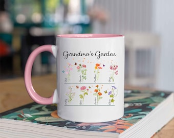 Personlig mormors trädgårdsmugg, mormors trädgårdsmugg med födelseblommor, anpassad födelsemånadsmugg med barnnamn, mors dag-presenter
