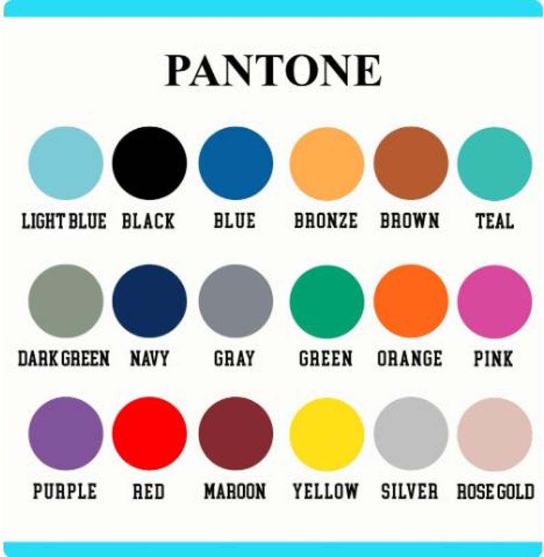 K&ouml;nnte beinhalten: Eine Farbkarte mit der Aufschrift "PANTONE" zeigt eine Vielzahl von Farbmustern. Die Karte enth&auml;lt hellblau, schwarz, blau, bronze, braun, t&uuml;rkis, dunkelgr&uuml;n, marine, grau, gr&uuml;n, orange, pink, lila, rot, weinrot, gelb, silber und ros&eacute;gold.