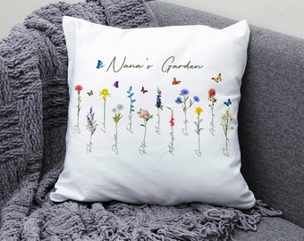 Almohada de jardín de Nana, diseño de almohada de flores del mes de nacimiento, almohada de jardín de flores personalizada, regalos del día de la madre, idea de regalos de abuela de nietos