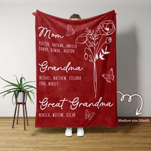 Personalized Family Names Blanket for Mom Grandma Great Grandma, Custom Floral Throw with Names, Generations Gift, Mother’s Day Blanket