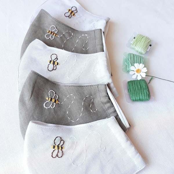 Buy 3 Get 1 Free - Bees Embroidered Linen Mask, Reusable Face Masks, Women Face Mask - Handmade, Comfortable & Reusable