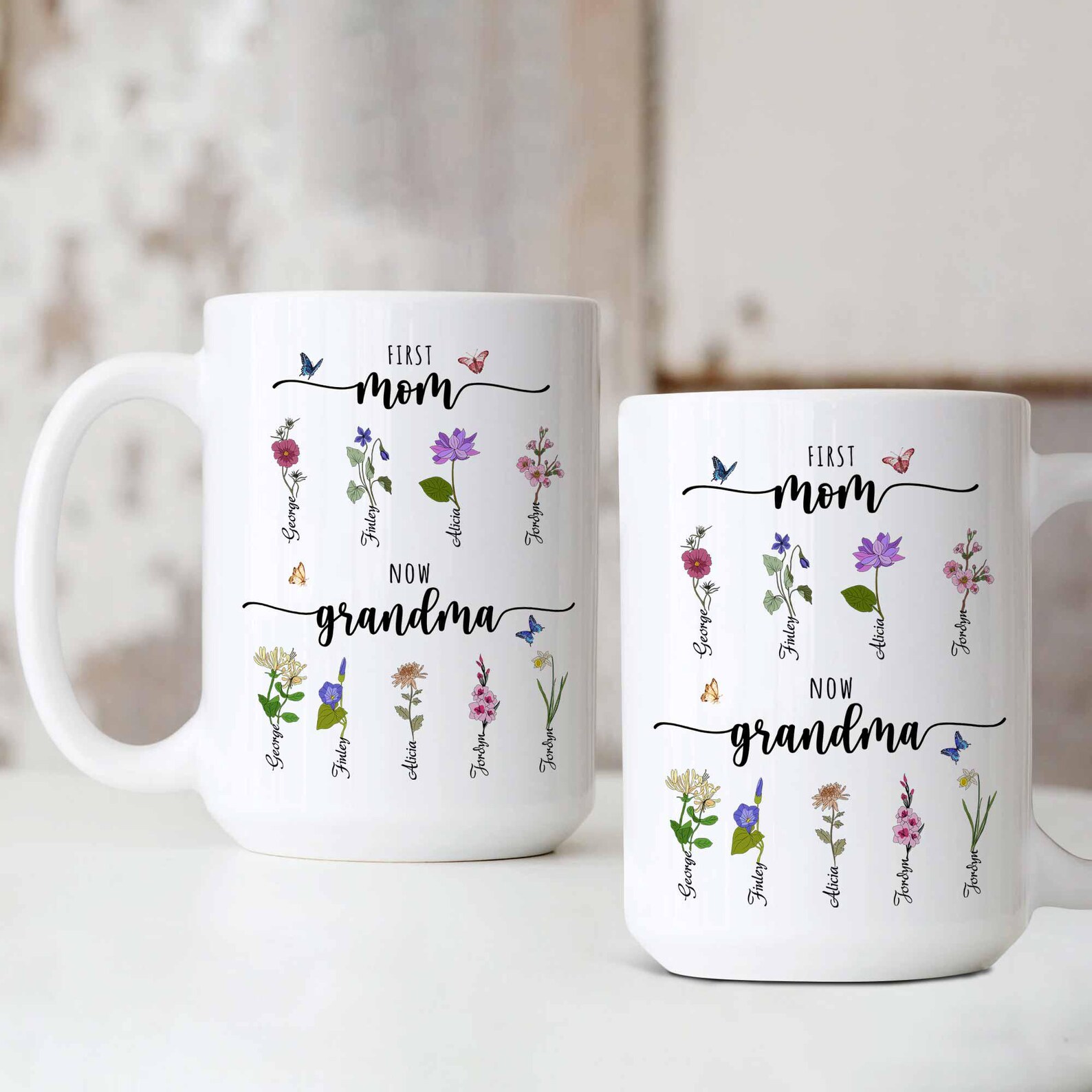 Personalized First Mom Now Grandma Mug, Birth Month Flower Mug ...
