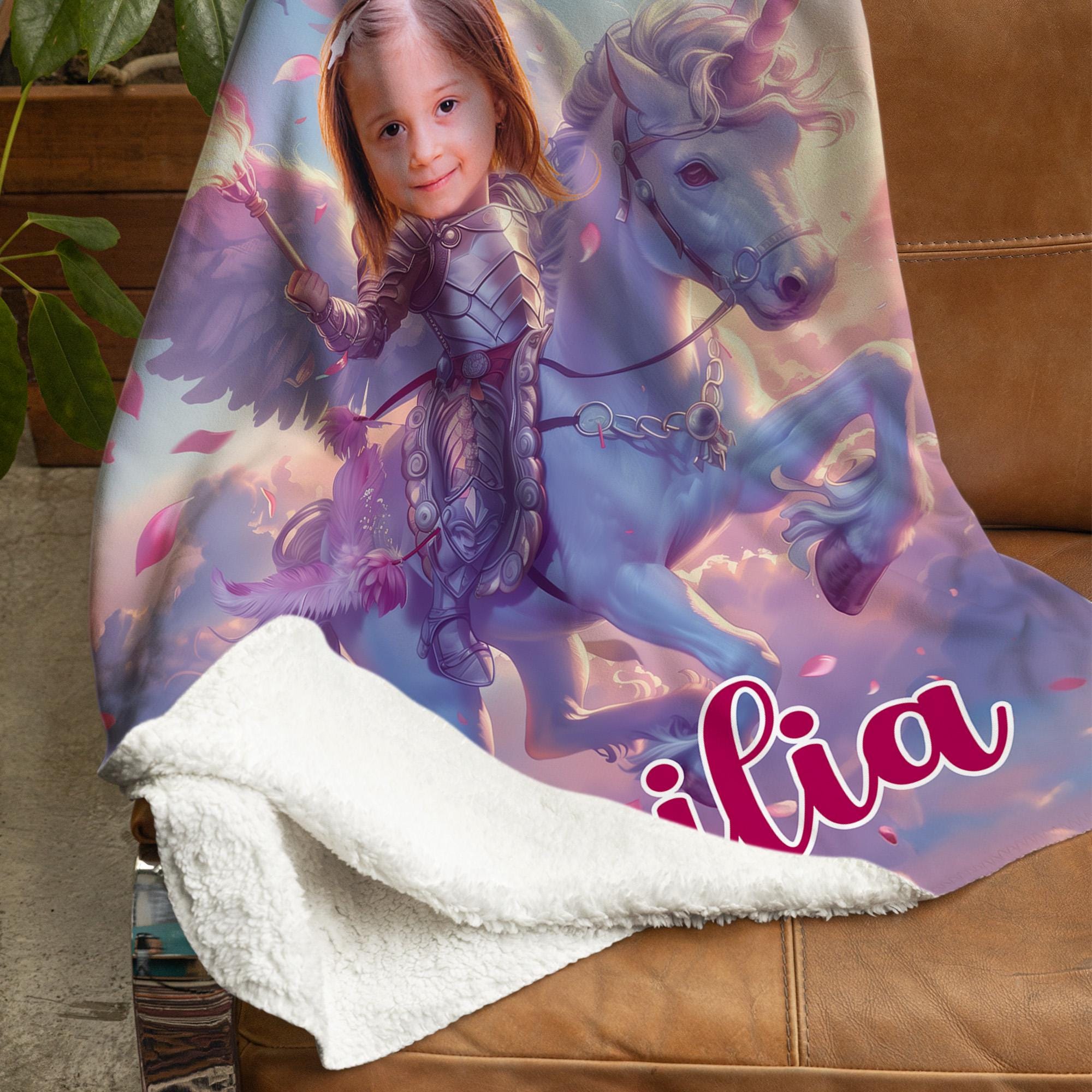 女の子用カスタムフェイスユニコーンブランケット、名前入りプリンセス