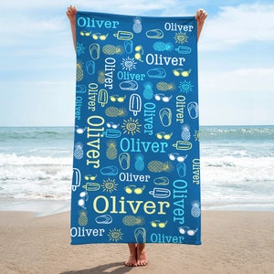 Personalized Beach Towel with Name, Custom Summer Towel for Kid & Adult, Monogrammed Beach Towel, Tropical Design Towel, Vacation Essentials