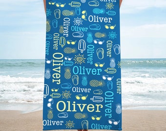Personalisiertes Strandtuch mit Namen, Benutzerdefiniertes Sommertuch für Kinder & Erwachsene, Monogramm Strandtuch, Tropisches Designtuch, Urlaubsutensilien