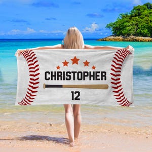 Custom Baseball Beach Towel with Name and Number, Baseball Player Beach Towel, Sports Lover Beach Towel, Baseball Team Towel