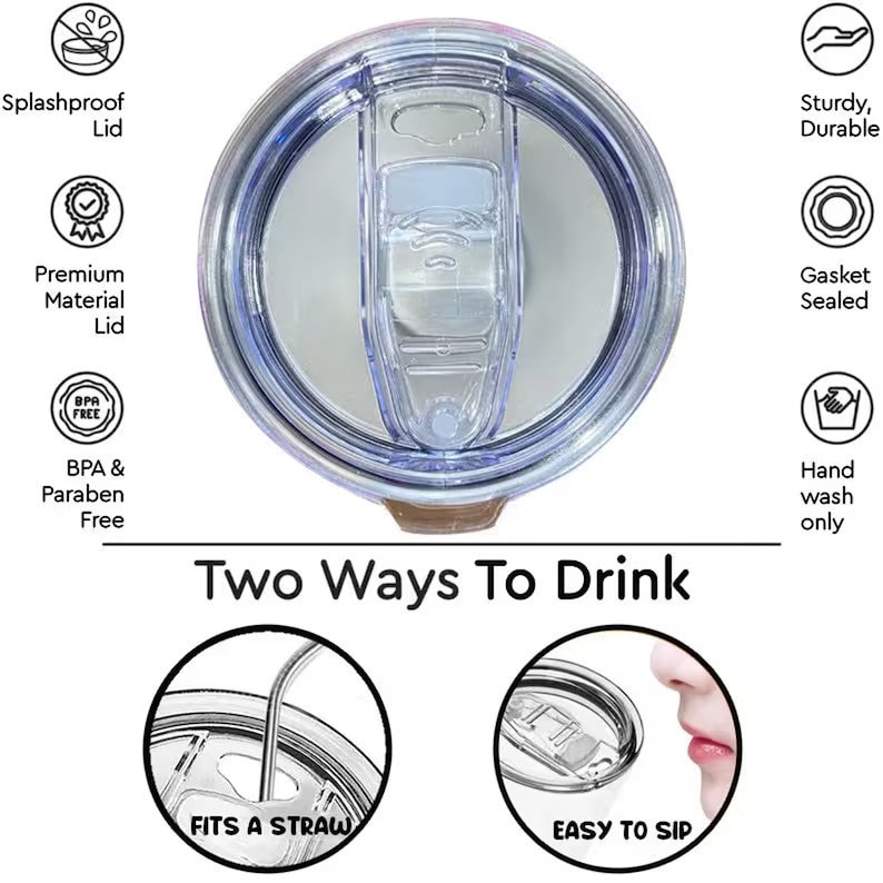 May include: A clear plastic tumbler lid with a sliding closure. The lid is labeled "Splashproof Lid", "Premium Material Lid", and "BPA & Paraben Free". The text "Two Ways To Drink" is below the lid, with illustrations for straw and sipping.