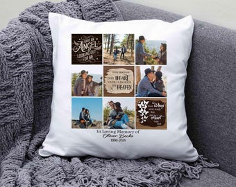 Puede incluir: Almohada conmemorativa blanca con un collage de fotos y texto. El texto incluye "Have an Angel Looking Out for Me", "I will hold you in my heart until I can hold you in Heaven", y "Wings were ready but my heart was not". La almohada también incluye el texto "In Loving Memory of Oliver Becks 1990-2025".