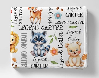 Manta personalizada con animales del bosque, manta para bebé, manta con nombre personalizado, regalo para bebé, regalo para guardería con temática de bosque