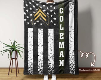 Coperta militare personalizzata, coperta con bandiera dell'esercito personalizzata, regalo per veterani, coperta patriottica, decorazione con grado di sergente, coperta per veterani americani