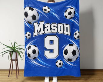 Personalized Soccer Blanket, Custom Name and Number Football Throw, Soccer Gift for Boys, Kids Football Birthday Gift, Youth Team Gift