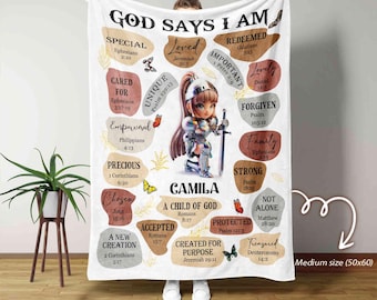 Manta religiosa con nombre personalizado, manta con la frase "Dios dice que soy", manta cristiana, manta con afirmaciones, manta con versículos bíblicos, regalos cristianos