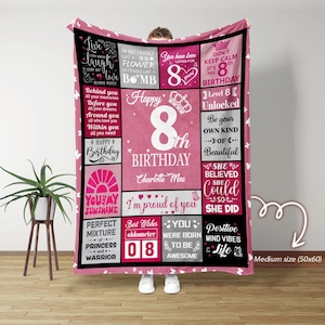 Może przedstawiać: Różowo-czarny koc urodzinowy z napisem "Happy 8th Birthday" i różnymi inspirującymi cytatami. Koc ma wymiary 127x152 cm i posiada wzór korony i motyla.