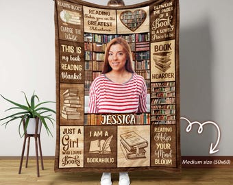 Manta personalizada para amantes de los libros con nombre y foto, manta de lectura a medida, regalo para mujeres, manta acogedora para amantes de los libros