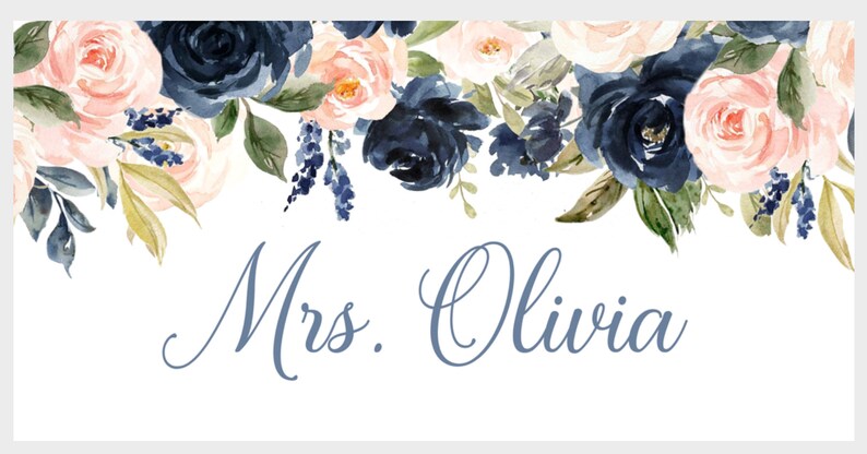 May include: A white background with a floral design in shades of blue and pink. The text "Mrs. Olivia" is written in blue script.
