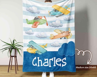 Manta con nombre de avión para niños, manta de avión para bebé, ropa de cama de avión para guardería, regalo de avión para bebé, regalo de baby shower, regalo para amantes de los aviones