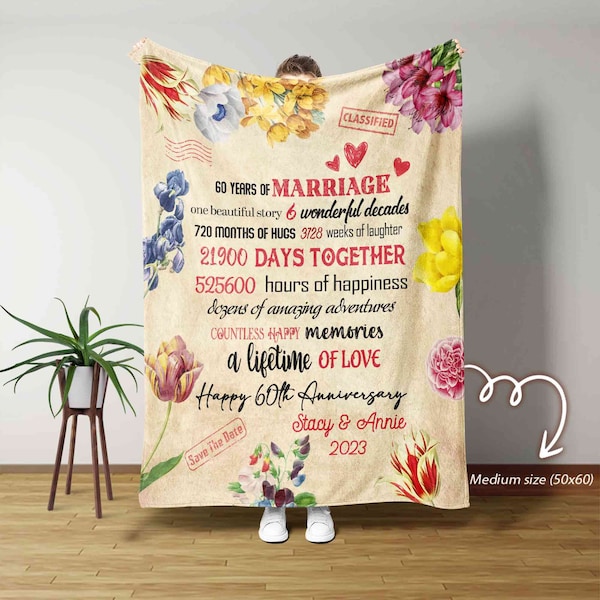 Happy 60th Anniversary Blanket, 60 Years Of Marriage Blanket, Wedding Anniversary Blanket, Flower Blanket, Custom Name Blanket