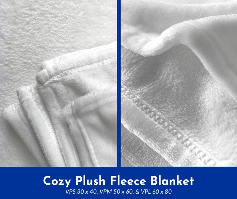 May include: Close-up of a white plush fleece blanket. The blanket has a soft, textured surface and is stitched along the edges. The text "Cozy Plush Fleece Blanket" is displayed in a blue banner at the bottom of the image. Sizes include 30 x 40 inches, 50 x 60 inches, and 60 x 80 inches.