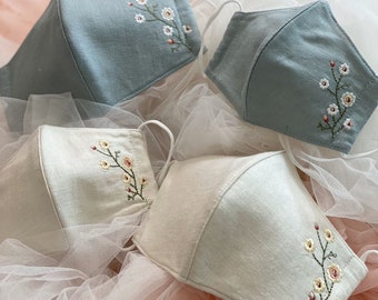 Buy 3 Get 1 Free - Some Flowers Embroidery Linen Mask - Handmade, Comfortable & Reusable Active