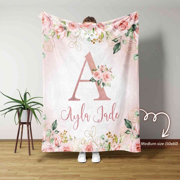 Custom Pink Rose Blanket, Personalized Name Blanket, Custom Blanket With Name, Floral Style Blanket, Birthday Gift, Blanket For Her