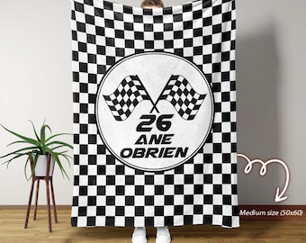 Manta de carreras personalizada con bandera a cuadros, regalo para amantes de los autos, manta de carreras, manta personalizada con número y nombre, manta con bandera a cuadros