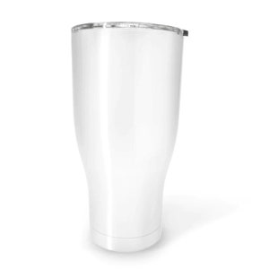 May include: A white insulated tumbler with a clear lid and a black slider. The tumbler has a tapered design, wider at the top and bottom, and is suitable for hot or cold beverages. The tumbler is approximately 7 inches tall.
