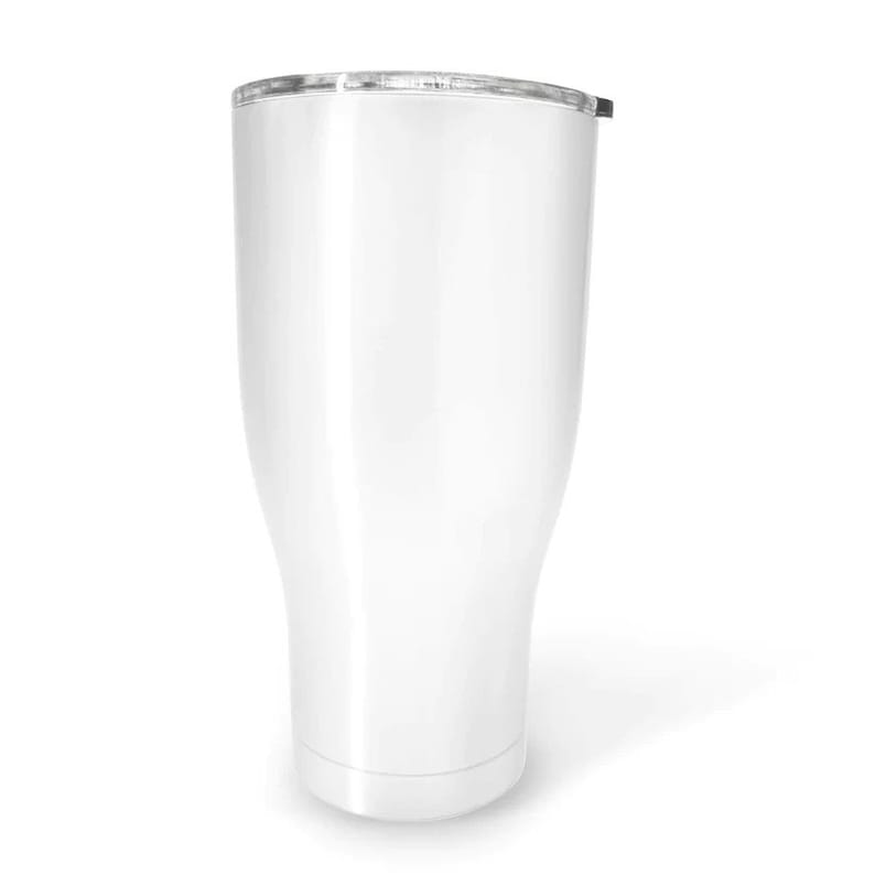 May include: A white insulated tumbler with a clear lid and a black slider. The tumbler has a tapered design, wider at the top and bottom, and is suitable for hot or cold beverages. The tumbler is approximately 7 inches tall.