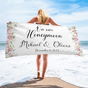 Custom Honeymoon Beach Towel, Custom Beach Towels, Honeymoon Gift, His and Hers Newlywed Gift, Personalized Wedding Gift, Flower Style Towel