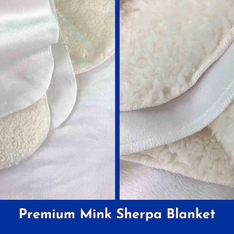 May include: Close-up of a white sherpa blanket with a soft, plush texture. The blanket is folded in half, revealing a smooth, white underside. The text "Premium Mink Sherpa Blanket" is displayed at the bottom of the image.