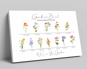 Personalized Gift for Grandma, Birth Month Flower Poster, Family Birth Flower Canvas, Custom Grandma Garden Birth Month Flower Canvas