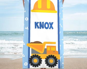 Personalized Construction Truck Beach Towel, Custom Name Kid Summer Towel, Construction Truck Towel, Kids Summer Towel, Boys Pool Towel