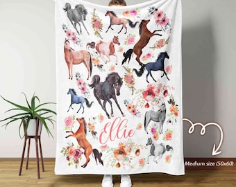 Personalized Name Blanket, Horse Blankets, Horse Baby Blankets, Birthday Gifts Blanket, Custom Kids Blankets