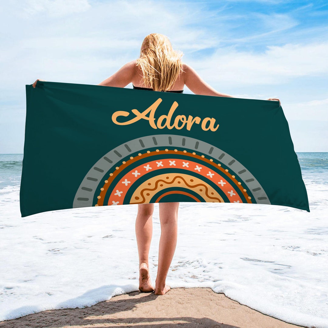 Rainbow Beach Towel in Boho Style, Custom Beach Towels With Name, Best