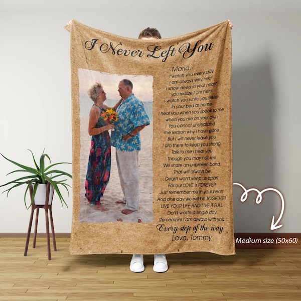 Manta "Nunca te dejé", manta con foto personalizada, manta de recuerdo, manta "En memoria amorosa", mantas para regalo, manta conmemorativa
