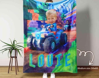 Aangepaste kinderdeken met naam en foto, deken met gepersonaliseerde foto gezicht, kinderdeken, aangepaste deken voor jongens, pixelart plaid met naam
